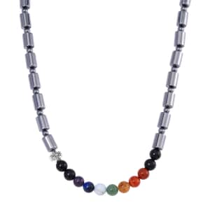 Seven Chakra Beaded 14x10mm Terahertz Fancy-Shaped Necklace with 2pcs Shungite Bead 340.00 ctw in Sterling Silver and Silvertone 20 Inches