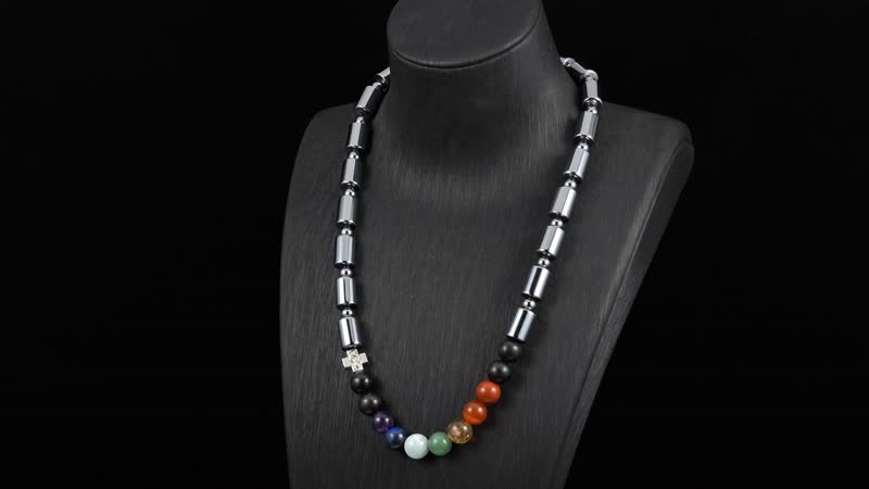 Seven Chakra Beaded 14x10mm Terahertz Fancy-Shaped Necklace with 2pcs Shungite Bead 340.00 ctw in Sterling Silver and Silvertone 20 Inches
