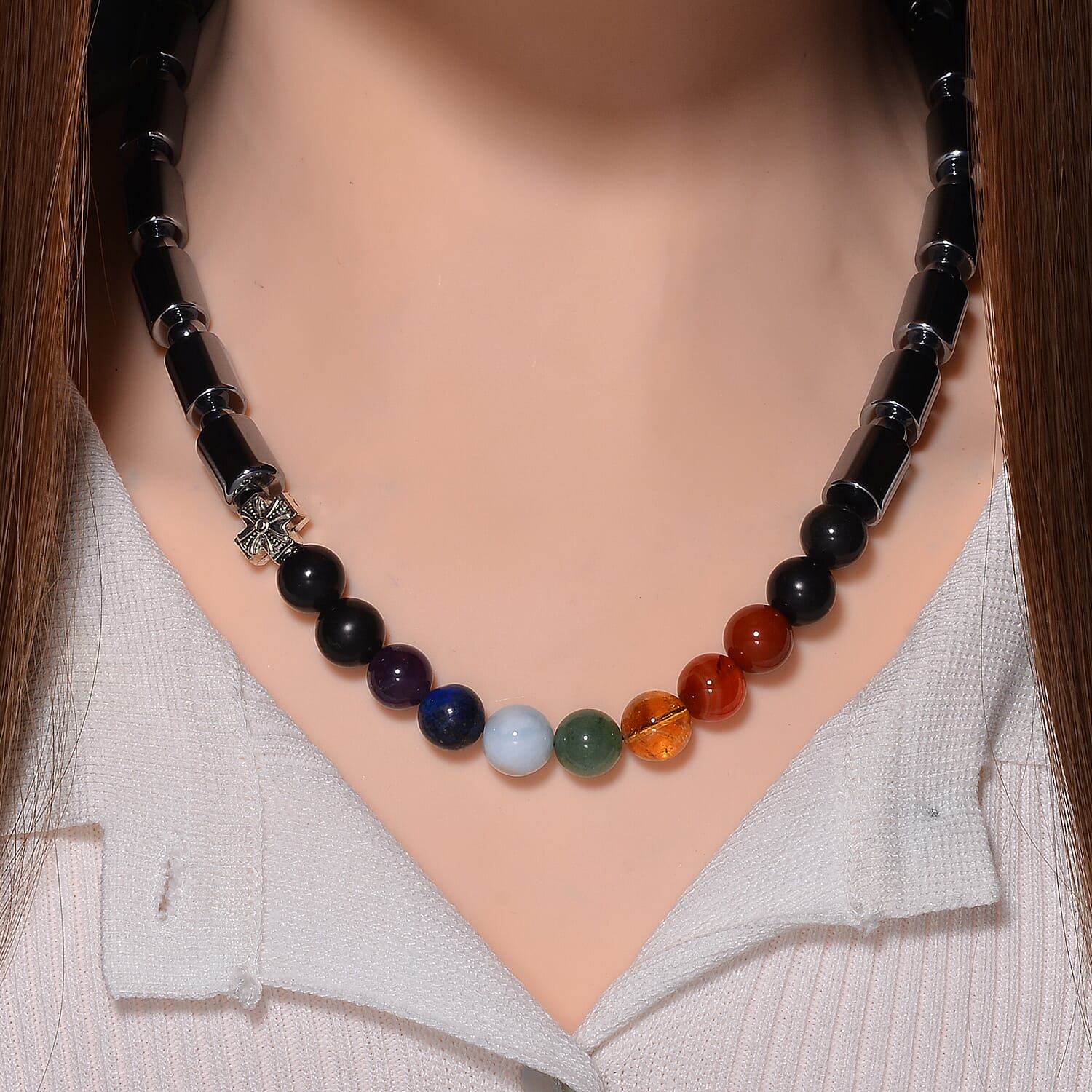 Seven Chakra Beaded 14x10mm Terahertz Fancy-Shaped Necklace with 2pcs Shungite Bead 340.00 ctw in Sterling Silver and Silvertone 20 Inches