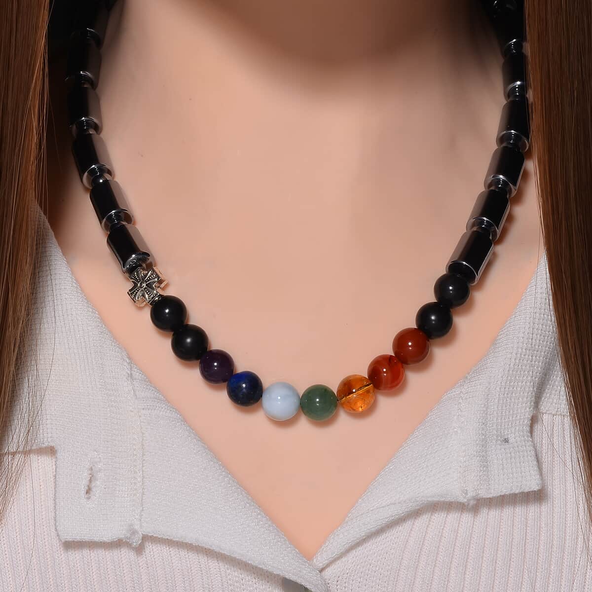 Seven Chakra Beaded 14x10mm Terahertz Fancy-Shaped Necklace with 2pcs Shungite Bead 340.00 ctw in Sterling Silver and Silvertone 20 Inches image number 1