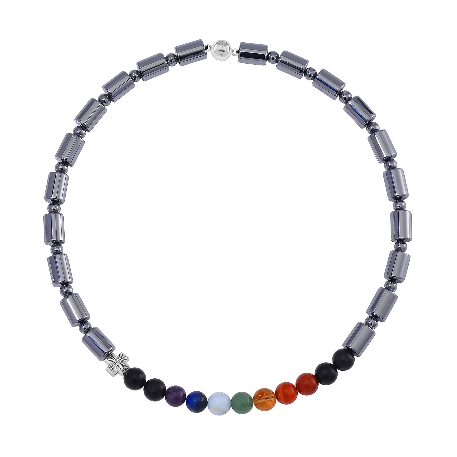 Seven Chakra Beaded 14x10mm Terahertz Fancy-Shaped Necklace with 2pcs Shungite Bead 340.00 ctw in Sterling Silver and Silvertone 20 Inches