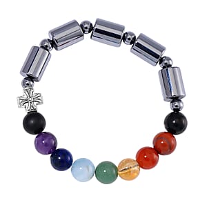 Seven Chakra Beaded 14x10mm Terahertz Fancy-Shaped with Shungite Beaded Stretch Bracelet in Silvertone 110.00 ctw