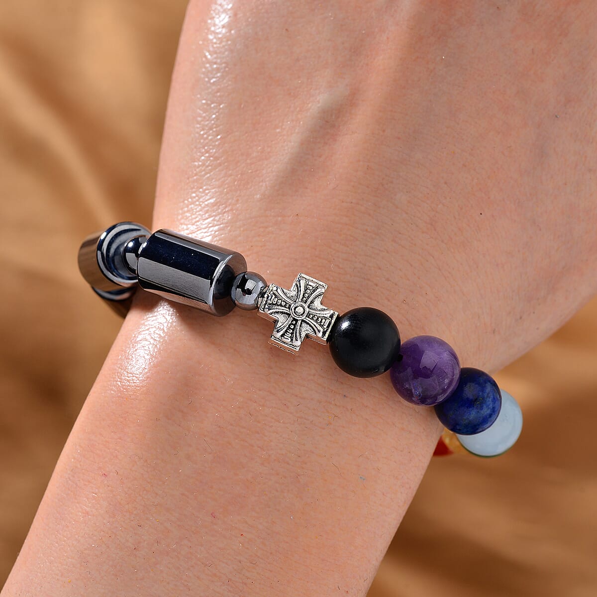 Seven Chakra Beaded 14x10mm Terahertz Fancy-Shaped with Shungite Beaded Stretch Bracelet in Silvertone 110.00 ctw image number 1