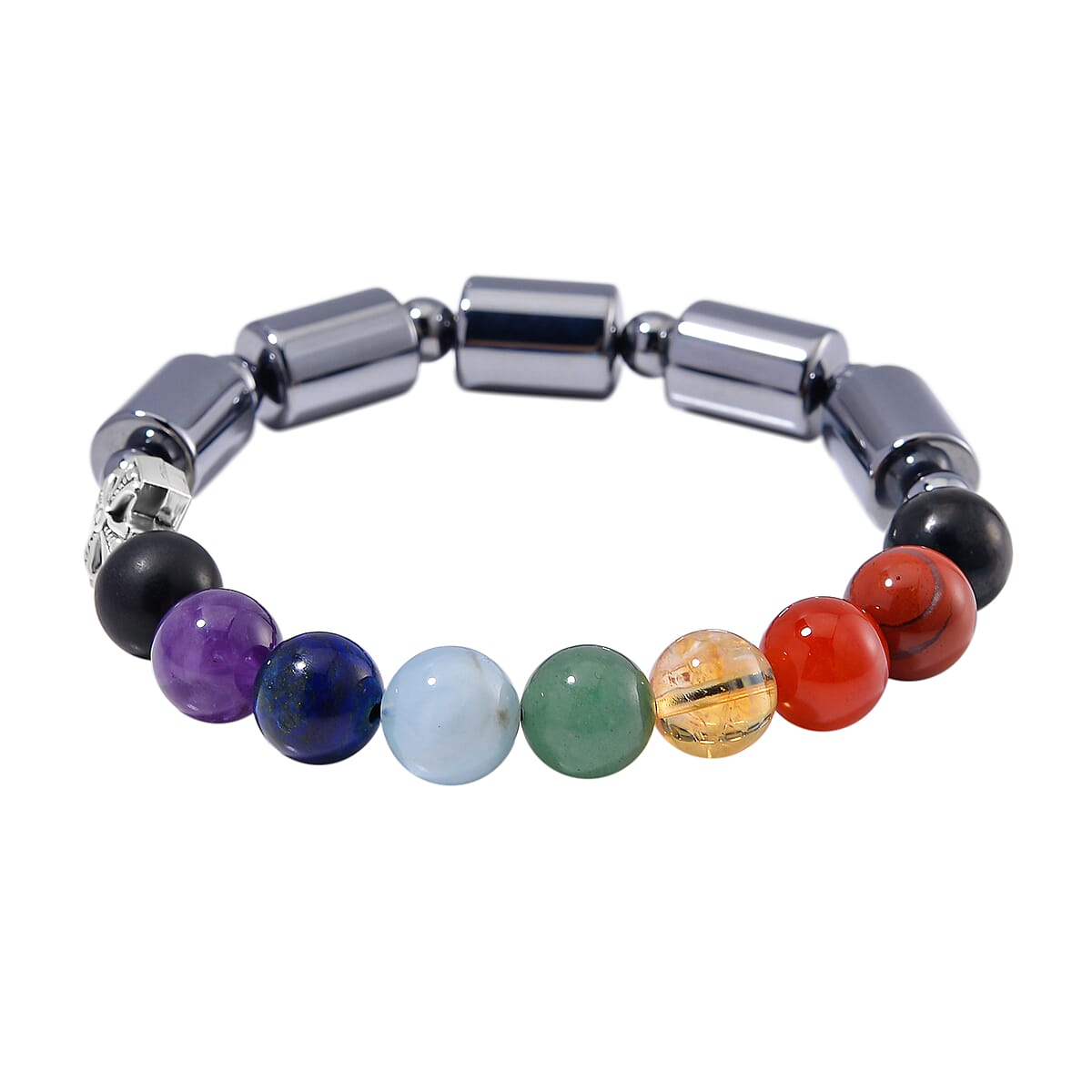 Seven Chakra Beaded 14x10mm Terahertz Fancy-Shaped with Shungite Beaded Stretch Bracelet in Silvertone 110.00 ctw image number 2