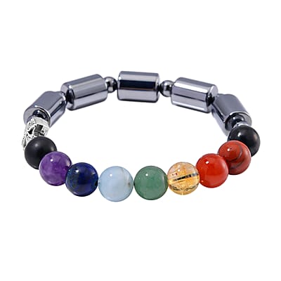 Seven Chakra Beaded 14x10mm Terahertz Fancy-Shaped with Shungite Beaded Stretch Bracelet in Silvertone 110.00 ctw