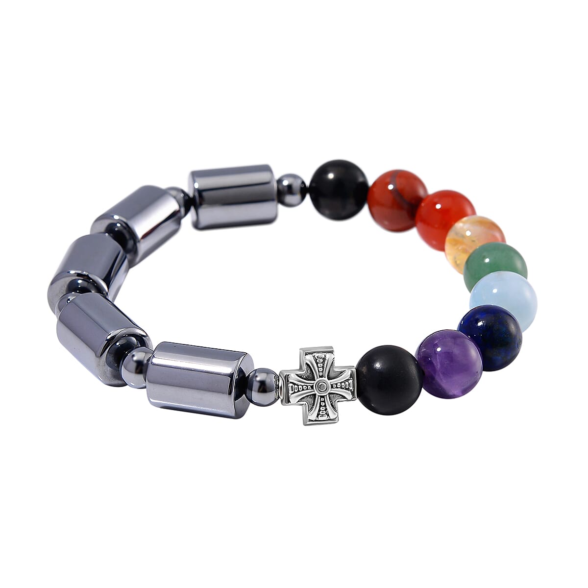 Seven Chakra Beaded 14x10mm Terahertz Fancy-Shaped with Shungite Beaded Stretch Bracelet in Silvertone 110.00 ctw image number 3