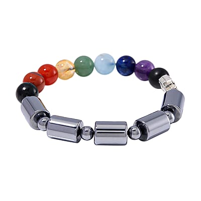 Seven Chakra Beaded 14x10mm Terahertz Fancy-Shaped with Shungite Beaded Stretch Bracelet in Silvertone 110.00 ctw