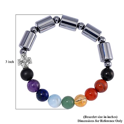 Seven Chakra Beaded 14x10mm Terahertz Fancy-Shaped with Shungite Beaded Stretch Bracelet in Silvertone 110.00 ctw