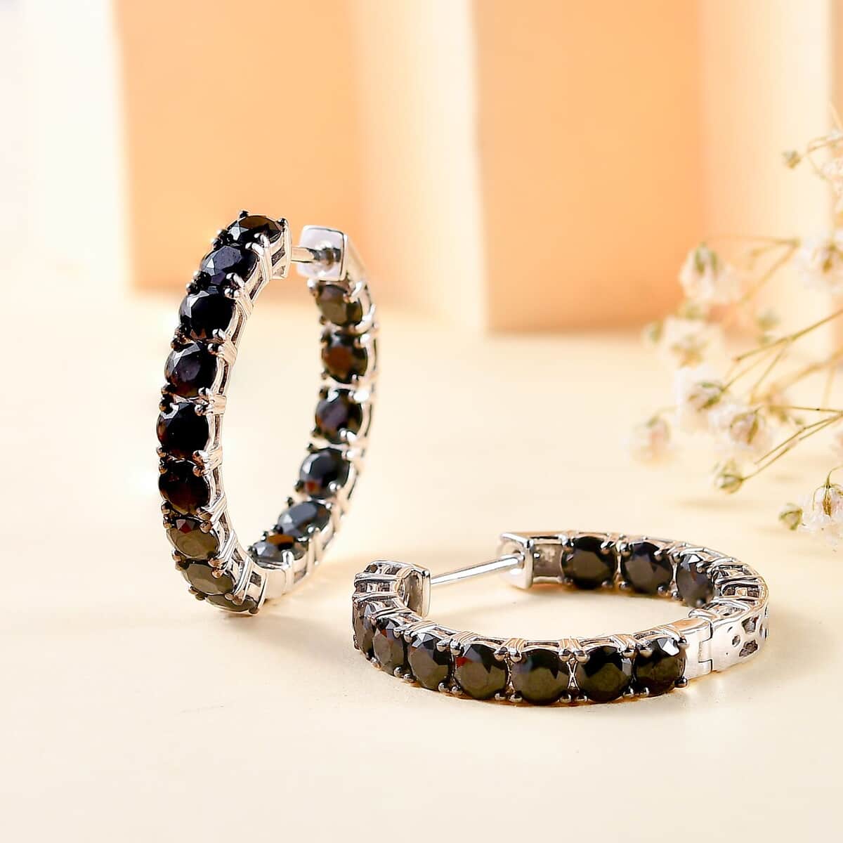 Thai Black Spinel Inside-Out Hoop Earrings in Rhodium Over Sterling Silver 9.25 ctw image number 1