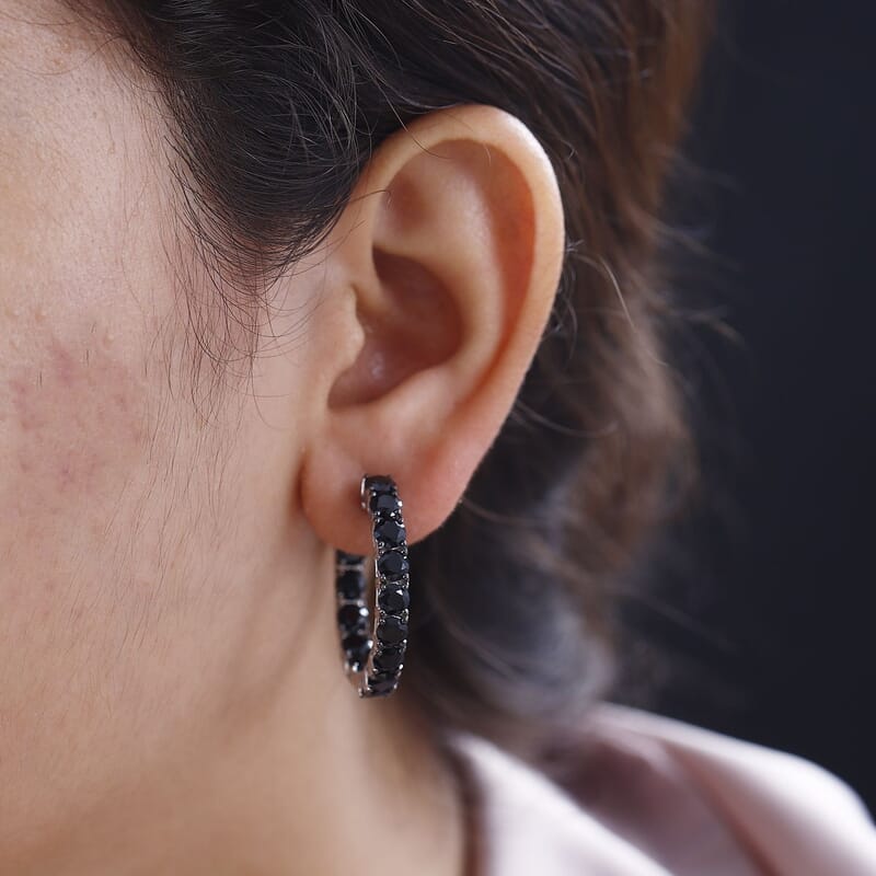 Thai Black Spinel Inside-Out Hoop Earrings in Rhodium Over Sterling Silver 9.25 ctw