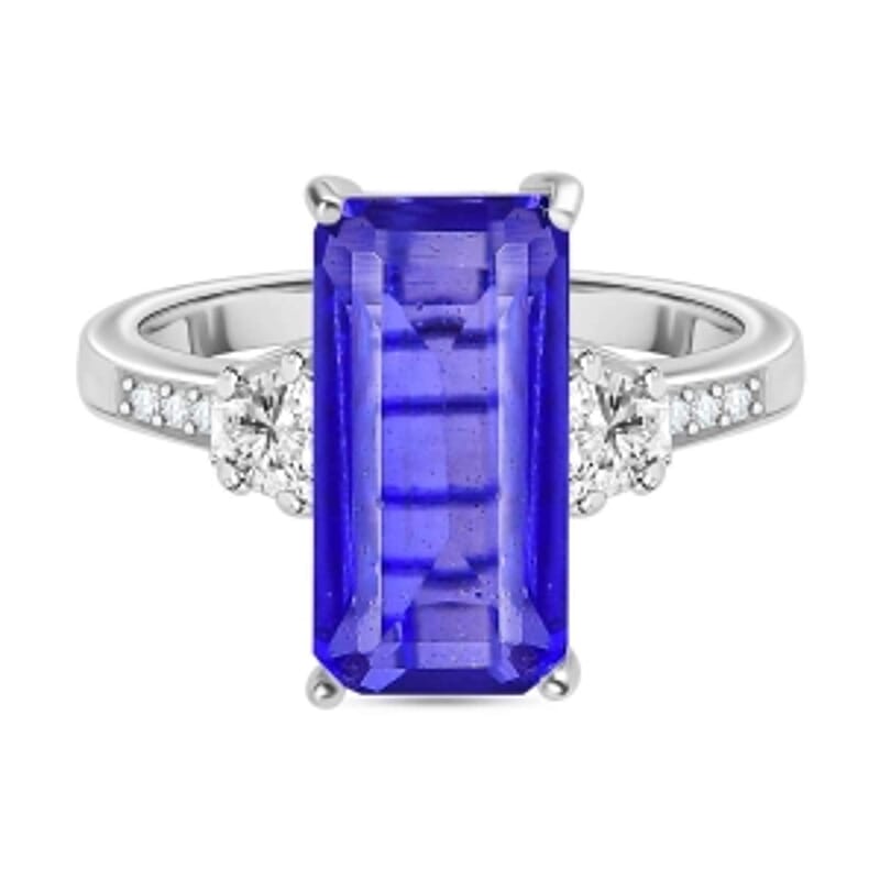 Tanzanite Color Quartz and White Zircon 5.95 ctw Ring in Rhodium Over Sterling Silver (Size 6.5)
