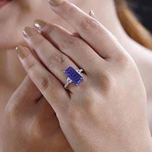 Tanzanite Color Quartz and White Zircon 5.95 ctw Ring in Rhodium Over Sterling Silver (Size 6.5)