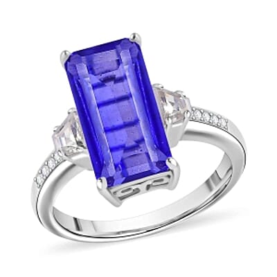 Tanzanite Color Quartz and White Zircon 5.95 ctw Ring in Rhodium Over Sterling Silver (Size 6.5)