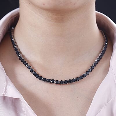 D'Joy Thai Black Spinel Tennis Necklace 18 Inches in Rhodium Over Sterling Silver 49.85 ctw
