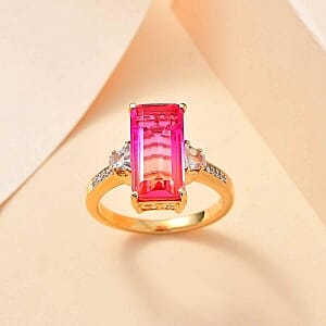 Sunset Quartz and White Zircon 5.95 ctw Ring in 18K Vermeil Yellow Gold Over Sterling Silver (Size 11.5)