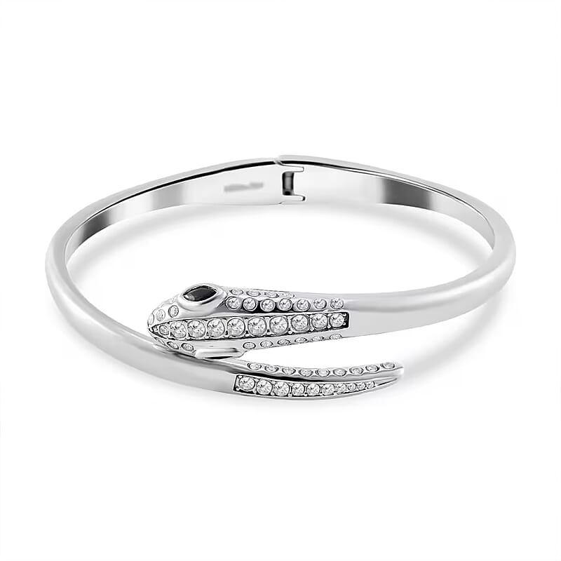 Black Glass and Simulated Diamond Bangle Bracelet in Stainless Steel (8.0 In)