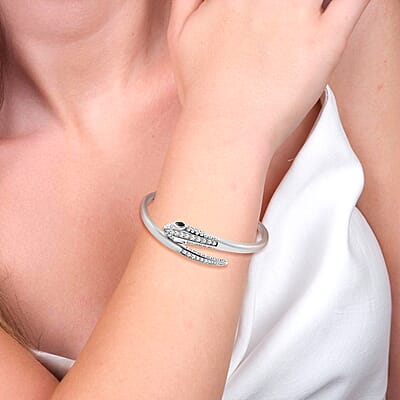 Black Glass and Simulated Diamond Bangle Bracelet in Stainless Steel (8.0 In)