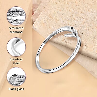 Black Glass and Simulated Diamond Bangle Bracelet in Stainless Steel (8.0 In)