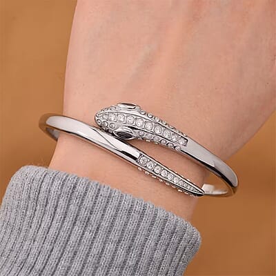 Black Glass and Simulated Diamond Bangle Bracelet in Stainless Steel (8.0 In)