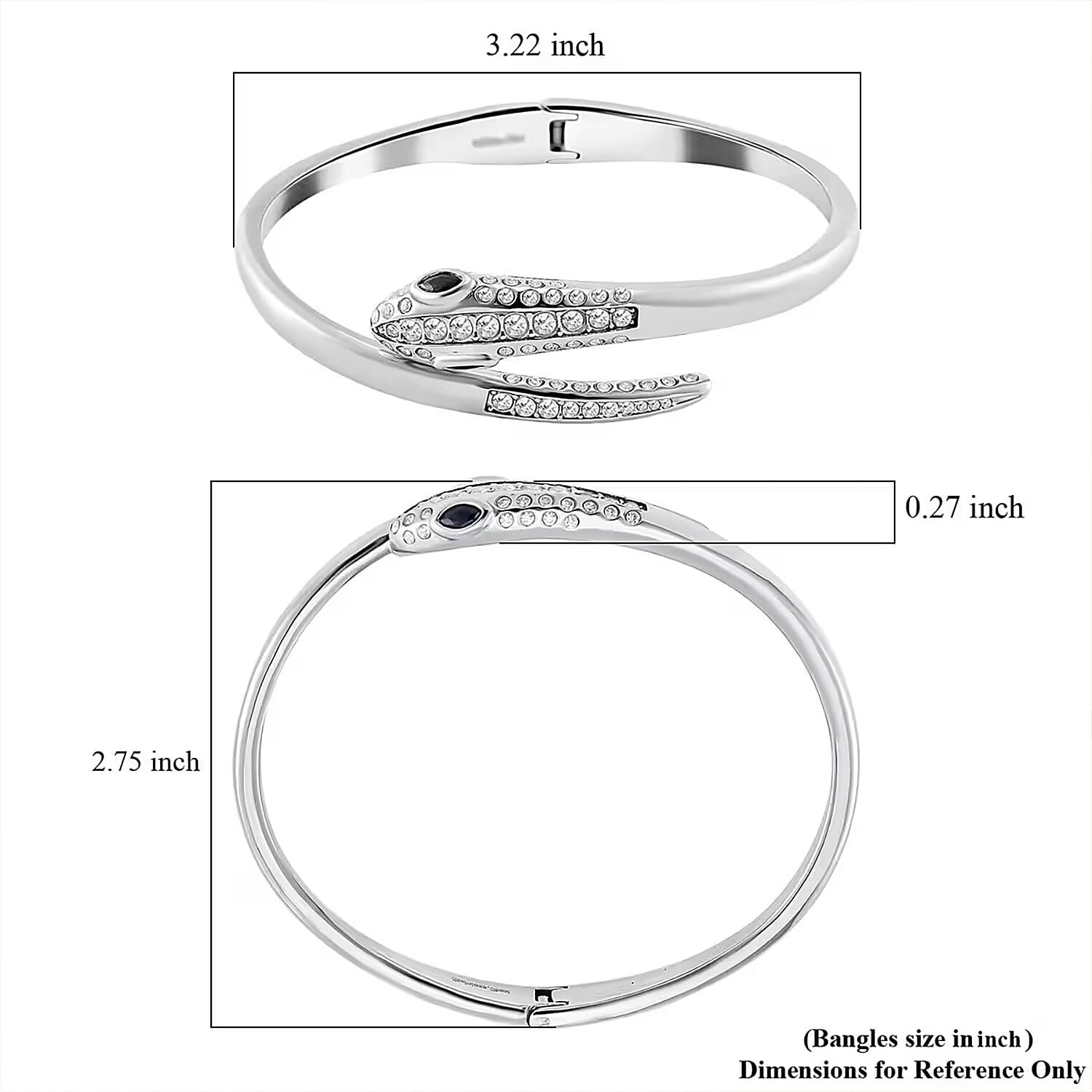 Black Glass and Simulated Diamond Bangle Bracelet in Stainless Steel (8.0 In)