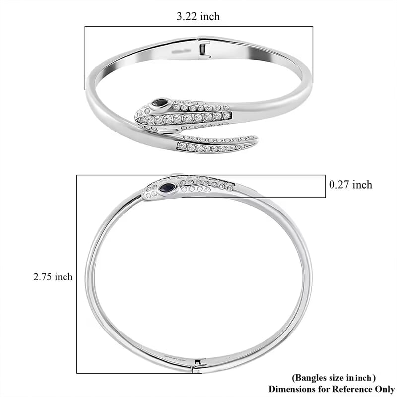 Black Glass and Simulated Diamond Bangle Bracelet in Stainless Steel (8.0 In)