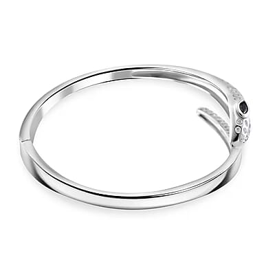 Black Glass and Simulated Diamond Bangle Bracelet in Stainless Steel (8.0 In)