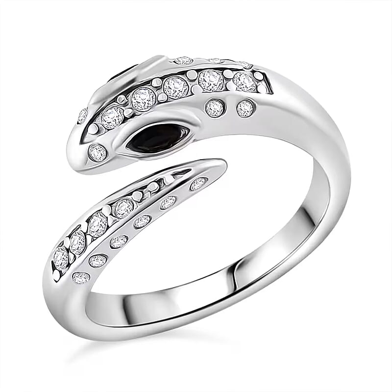 Black Glass and Simulated Diamond Snake Ring in Stainless Steel (Size 6.0)