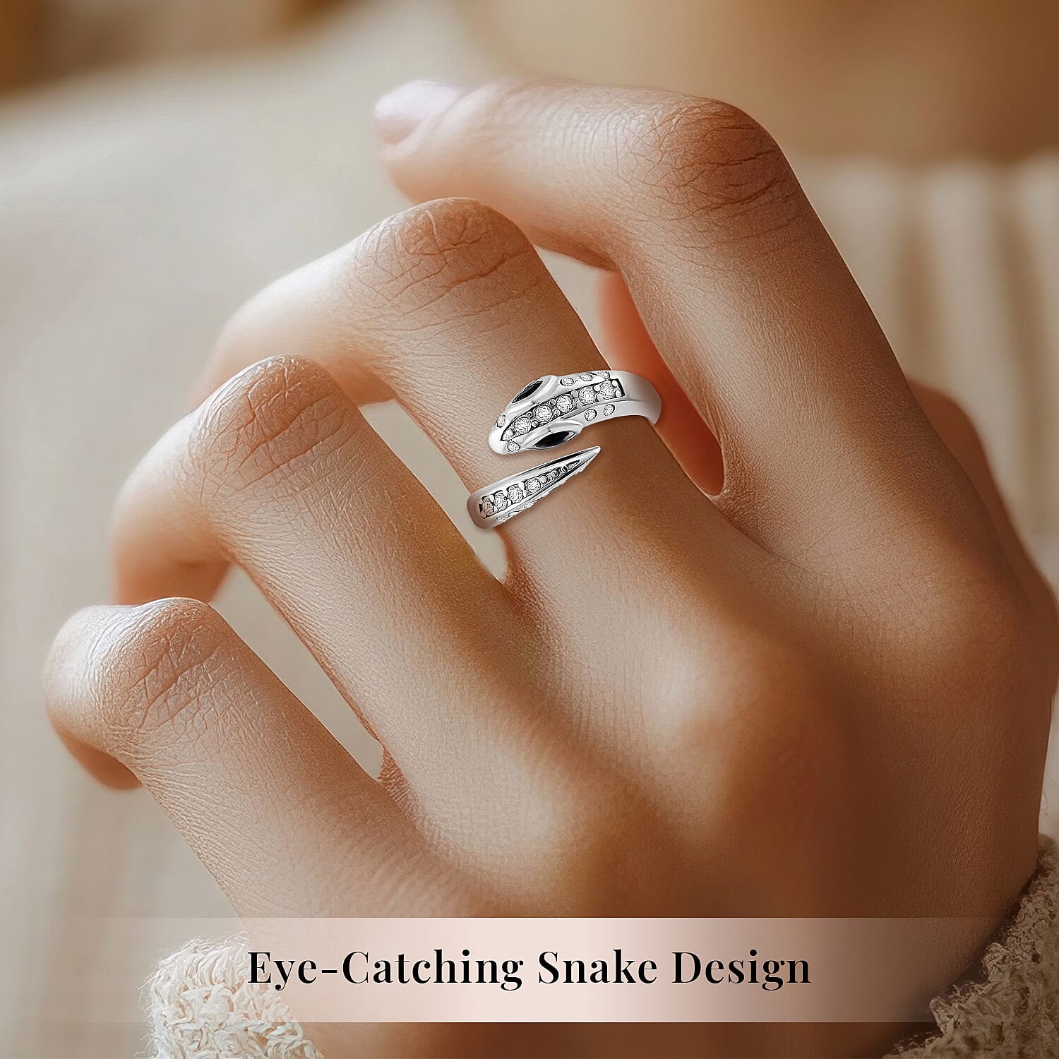 Black Glass and Simulated Diamond Snake Ring in Stainless Steel (Size 6.0)