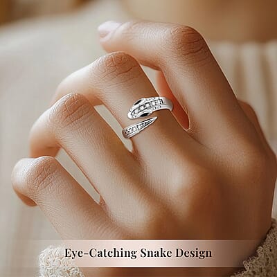Black Glass and Simulated Diamond Snake Ring in Stainless Steel (Size 6.0)