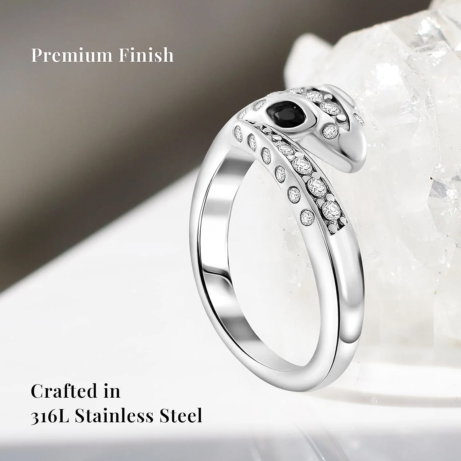 Black Glass and Simulated Diamond Snake Ring in Stainless Steel (Size 6.0)