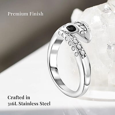 Black Glass and Simulated Diamond Snake Ring in Stainless Steel (Size 6.0)