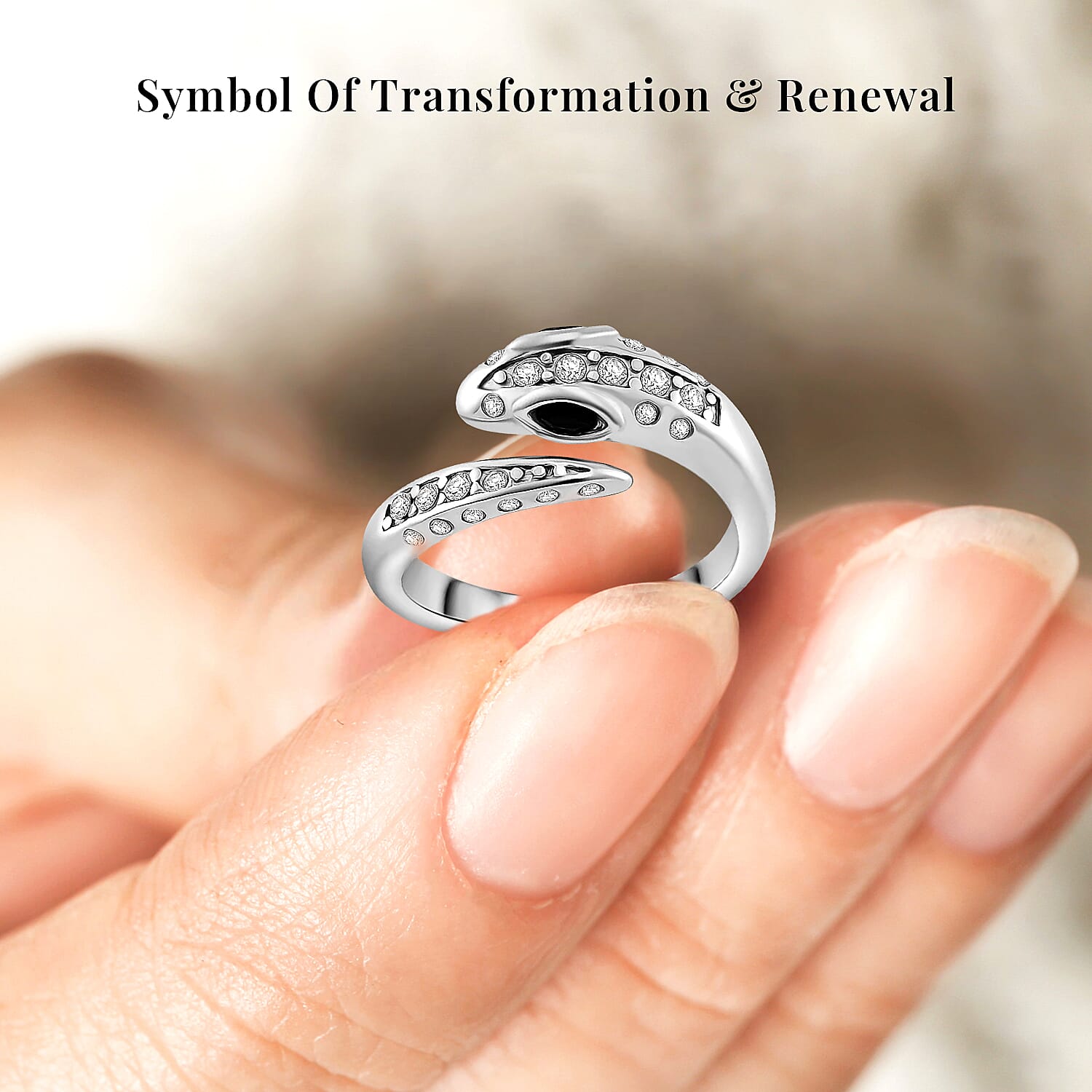 Black Glass and Simulated Diamond Snake Ring in Stainless Steel (Size 6.0)