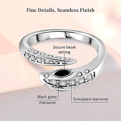 Black Glass and Simulated Diamond Snake Ring in Stainless Steel (Size 6.0)