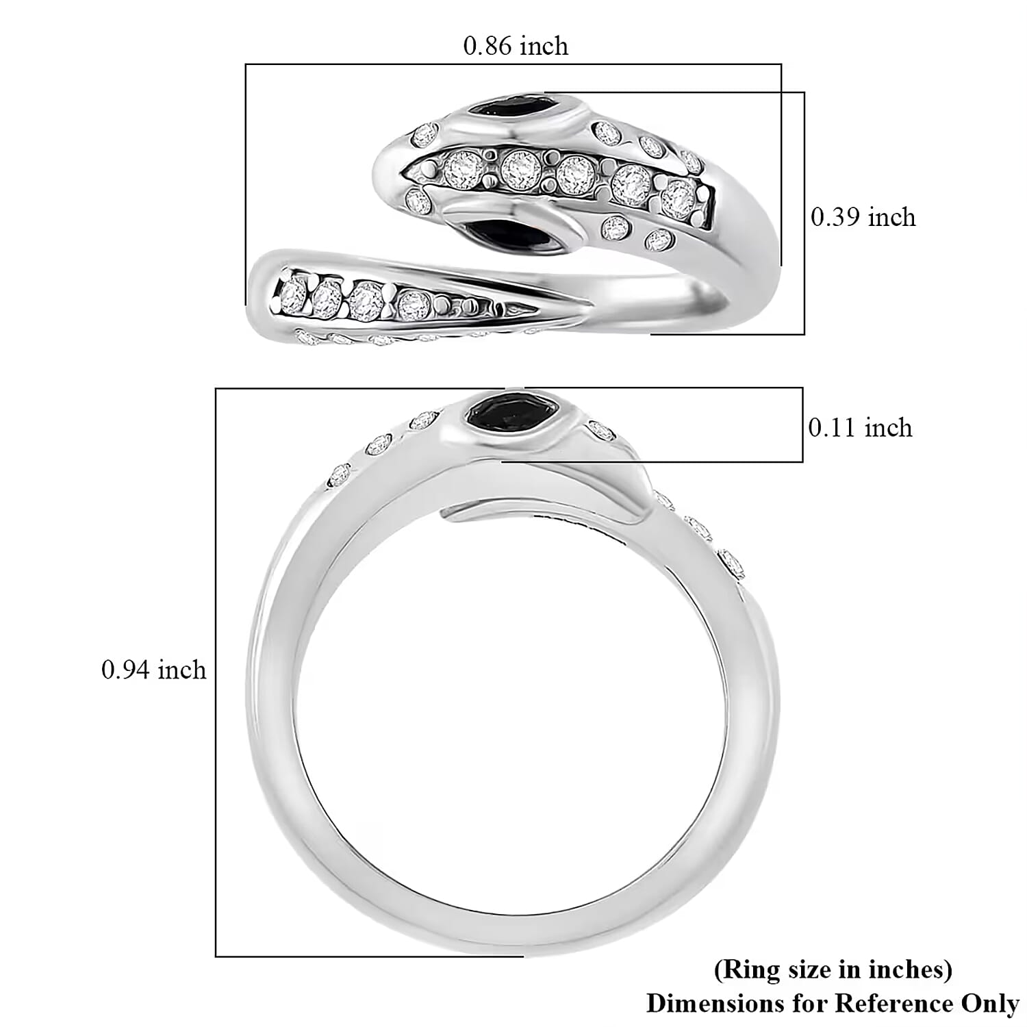 Black Glass and Simulated Diamond Snake Ring in Stainless Steel (Size 6.0)