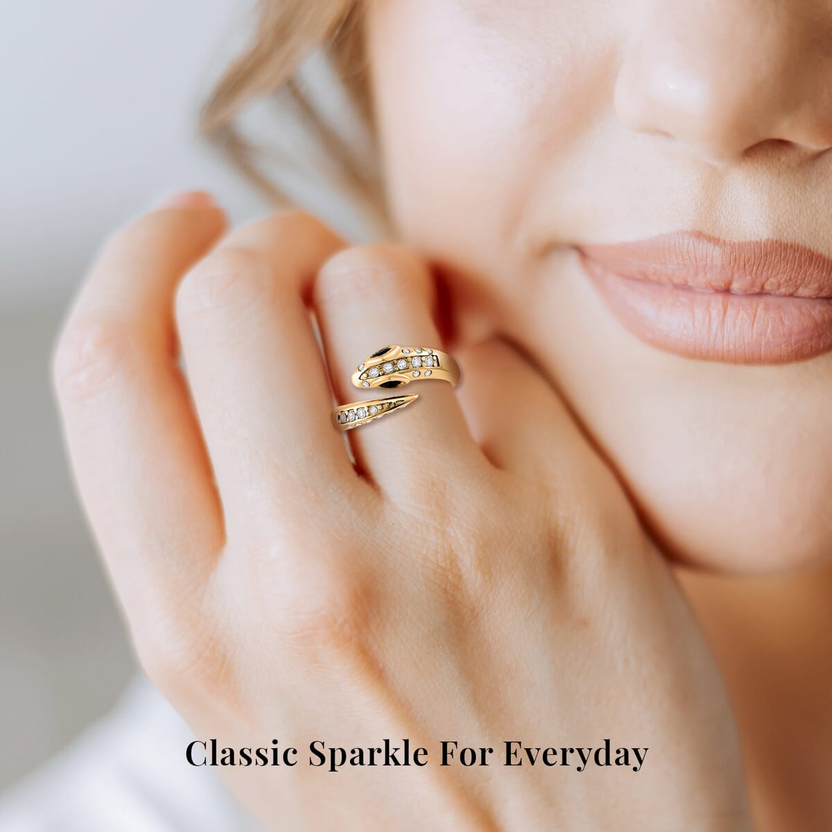 Black Glass and Simulated Diamond Snake Ring in ION Plated YG Stainless Steel (Size 6.0) image number 5