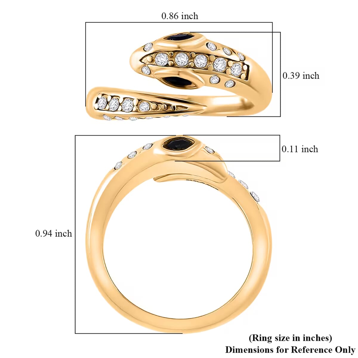 Black Glass and Simulated Diamond Snake Ring in ION Plated YG Stainless Steel (Size 6.0) image number 6
