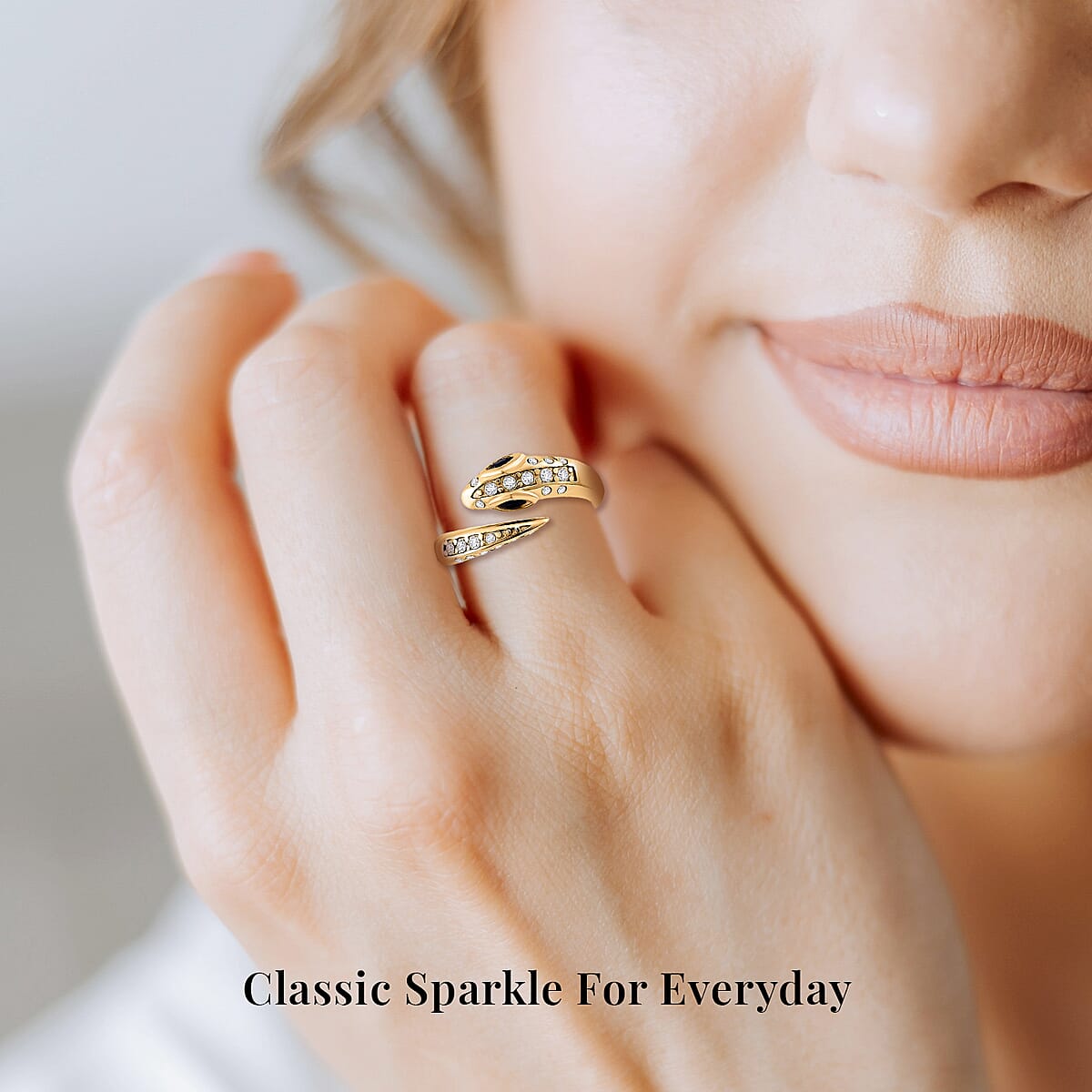 Black Glass and Simulated Diamond Snake Ring in ION Plated YG Stainless Steel (Size 7.0) image number 5