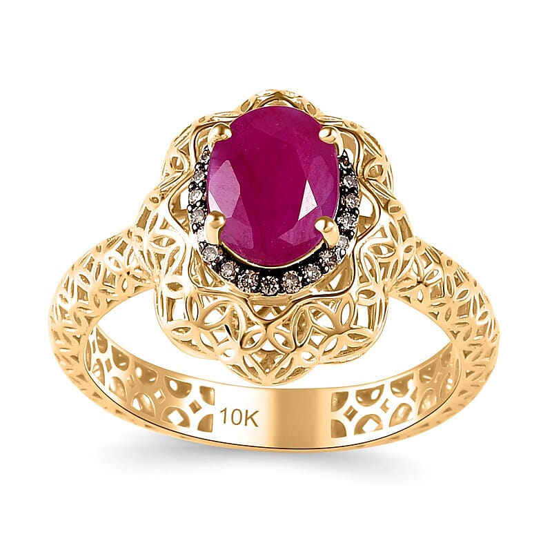 Mirage Collection 10K Yellow Gold Premium Montepuez Ruby and Natural Champagne Diamond Ring (Size 6.0) 1.75 ctw