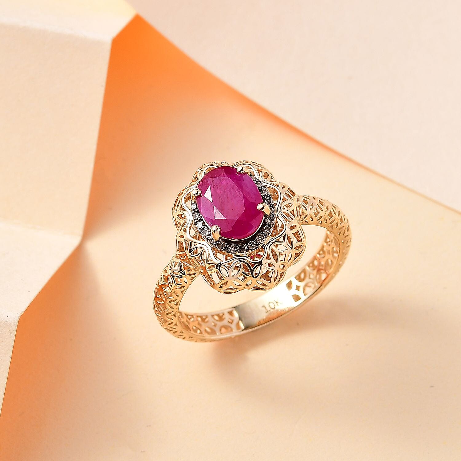 Mirage Collection 10K Yellow Gold Premium Montepuez Ruby and Natural Champagne Diamond Ring (Size 6.0) 1.75 ctw