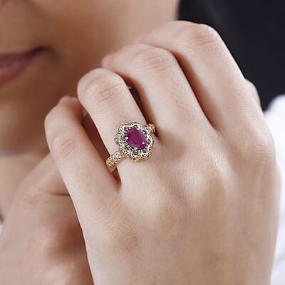 Mirage Collection 10K Yellow Gold Premium Montepuez Ruby and Natural Champagne Diamond Ring (Size 6.0) 1.75 ctw