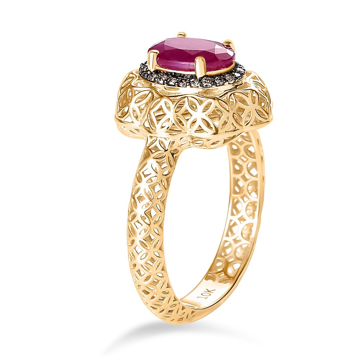 Mirage Collection 10K Yellow Gold Premium Montepuez Ruby and Natural Champagne Diamond Ring (Size 6.0) 1.75 ctw