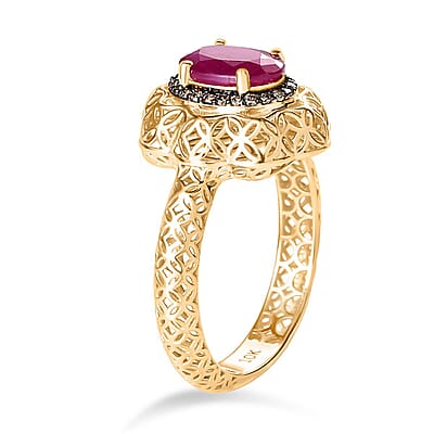 Mirage Collection 10K Yellow Gold Premium Montepuez Ruby and Natural Champagne Diamond Ring (Size 6.0) 1.75 ctw