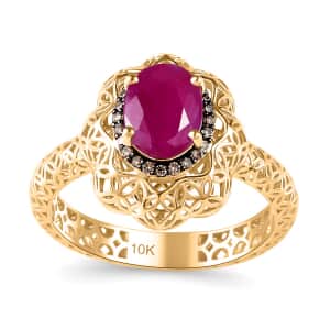 Mirage Collection 10K Yellow Gold Premium Montepuez Ruby and Natural Champagne Diamond Ring (Size 7.0) 1.75 ctw