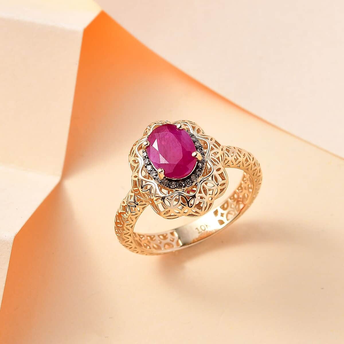 Mirage Collection 10K Yellow Gold Premium Montepuez Ruby and Natural Champagne Diamond Ring (Size 7.0) 1.75 ctw image number 1