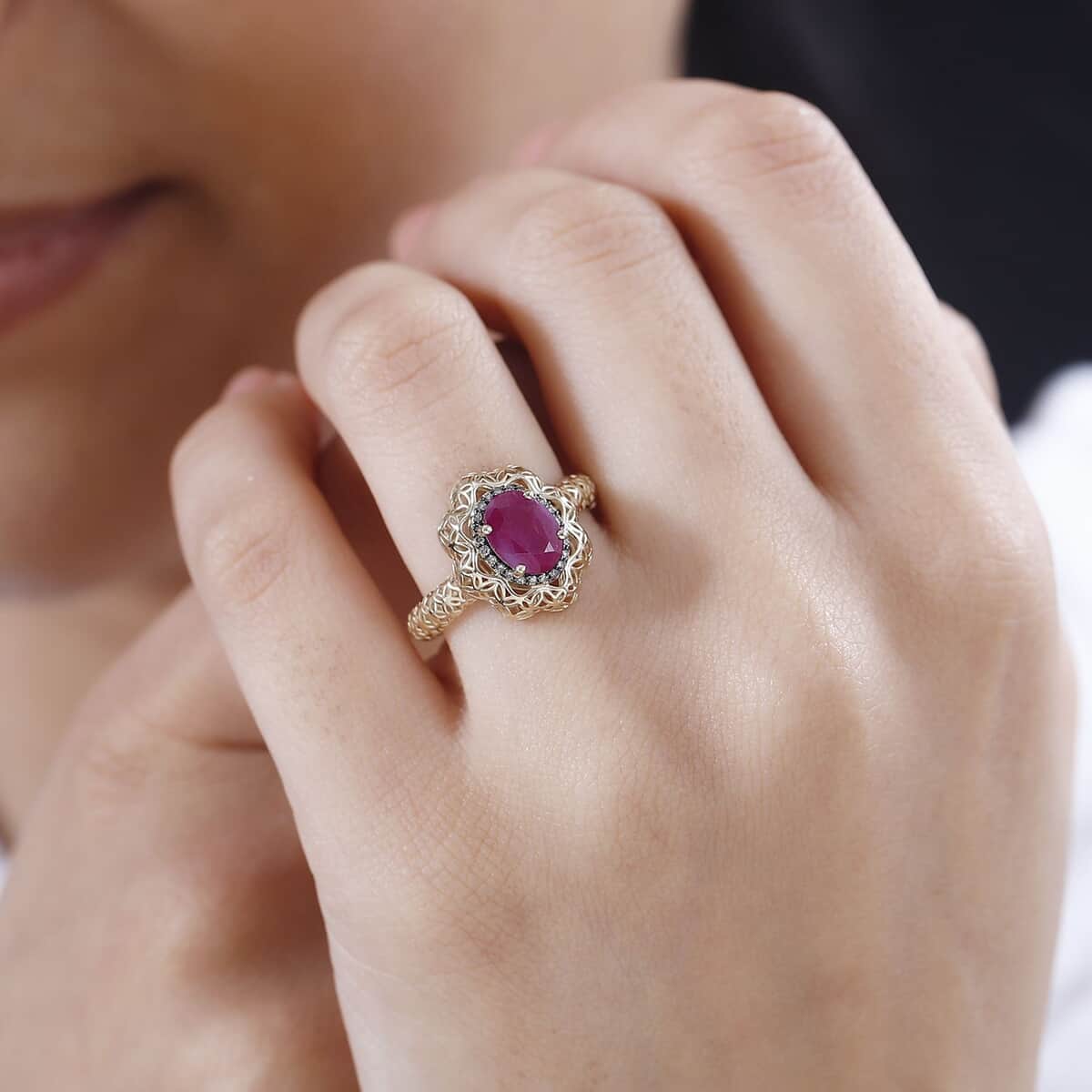 Mirage Collection 10K Yellow Gold Premim Taveta Ruby and Natural Champagne Diamond Ring 1.75 ctw image number 2