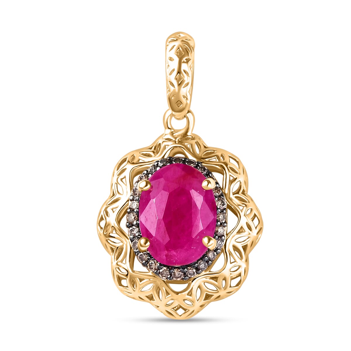 Mirage Collection 10K Yellow Gold Premium Montepuez Ruby and I2 Natural Champagne Diamond Pendant without Chain 1.75 ctw image number 0