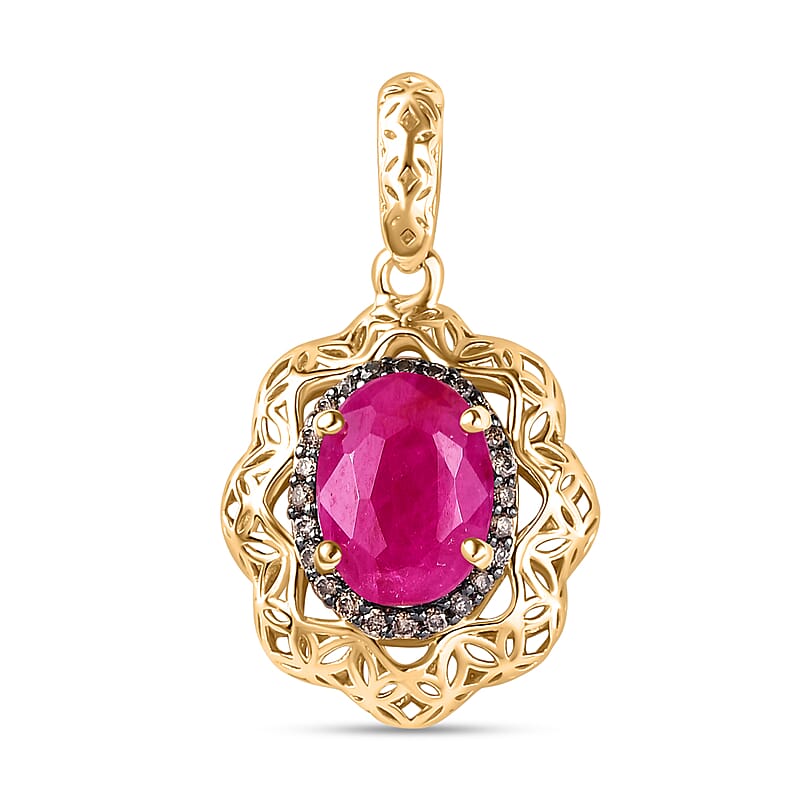 Mirage Collection 10K Yellow Gold Premium Montepuez Ruby and I2 Natural Champagne Diamond Pendant without Chain 1.75 ctw