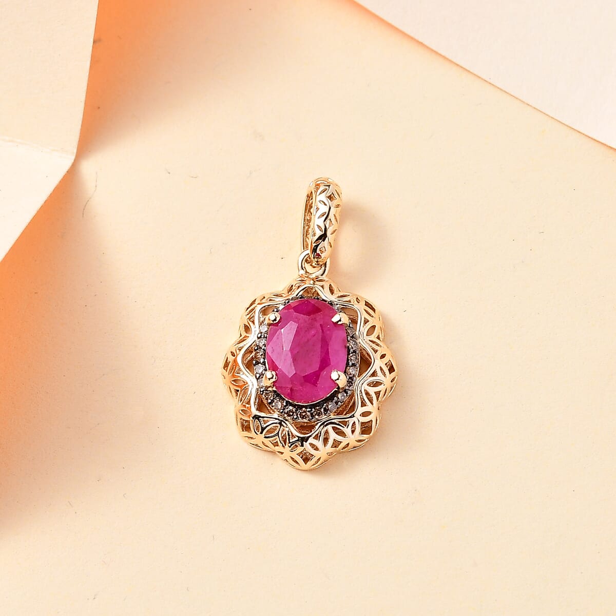 Mirage Collection 10K Yellow Gold Premium Montepuez Ruby and I2 Natural Champagne Diamond Pendant without Chain 1.75 ctw image number 1