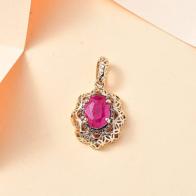 Mirage Collection 10K Yellow Gold Premium Montepuez Ruby and I2 Natural Champagne Diamond Pendant without Chain 1.75 ctw