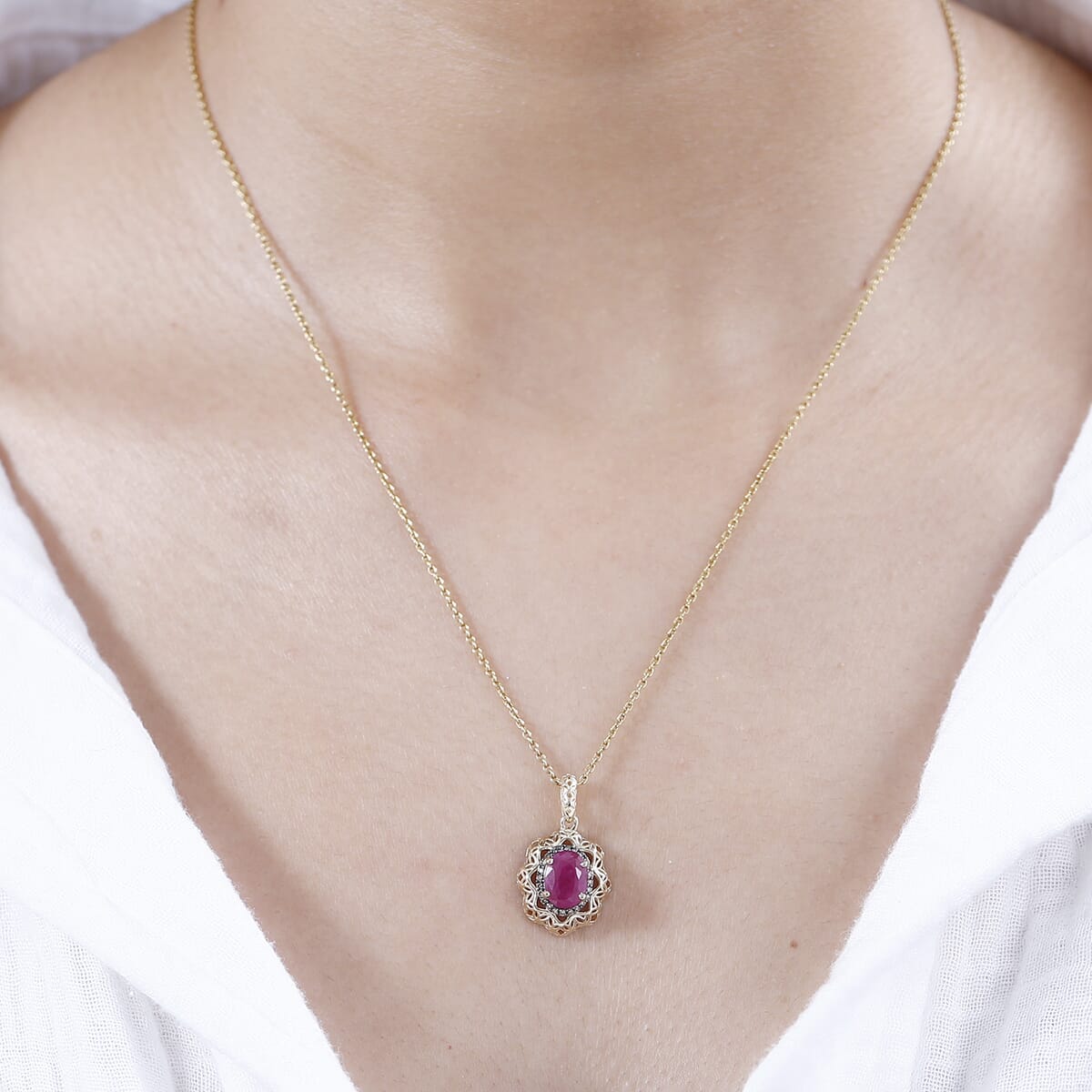 Mirage Collection 10K Yellow Gold Premium Montepuez Ruby and I2 Natural Champagne Diamond Pendant without Chain 1.75 ctw image number 2